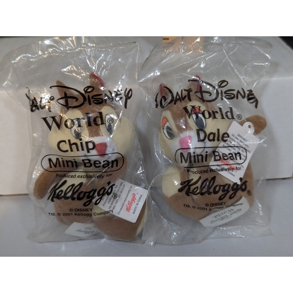 2001 "Walt Disney World" Chip & Dale "Mini Bean" Kellogg's Plush Set, New!